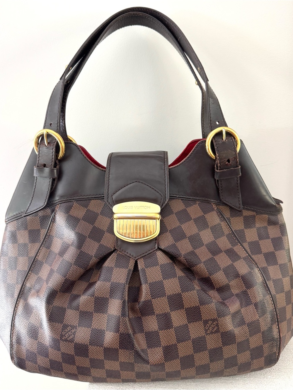 LOUIS VUITTON Sistina MM Damier Ebene Shoulder Bag Gold Lock Red Interior